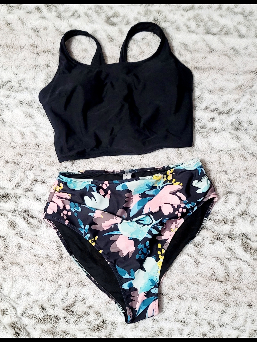 NEW Black Tank Bikini Top with Floral High-Waist Bottoms
